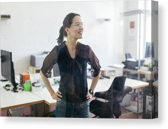 Beautiful Woman Canvas Print featuring the photograph Startup Business Office Worker Smiling by Hinterhaus Productions