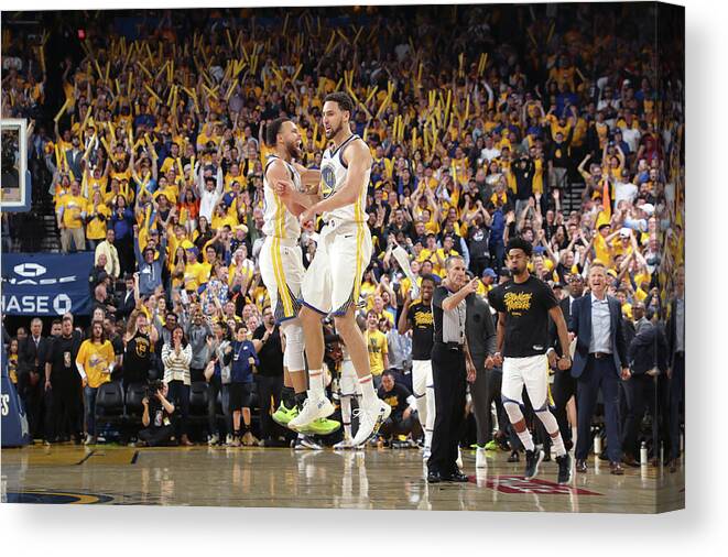 Stephen Curry Canvas Print featuring the photograph Stephen Curry and Klay Thompson by Joe Murphy