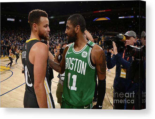 Stephen Curry Canvas Print featuring the photograph Stephen Curry and Kyrie Irving by Noah Graham