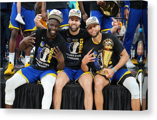 Draymond Green Canvas Print featuring the photograph Stephen Curry, Draymond Green, and Klay Thompson by Jesse D. Garrabrant
