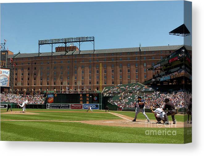 American League Baseball Canvas Print featuring the photograph Steve Trachsel and Grady Sizemore by Greg Fiume