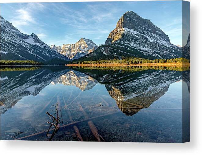 Swiftcurrent Lake Canvas Print featuring the photograph Stillness in the Morning by Jack Bell