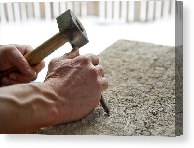 Working Canvas Print featuring the photograph Stonemason at work by Johann Hinrichs