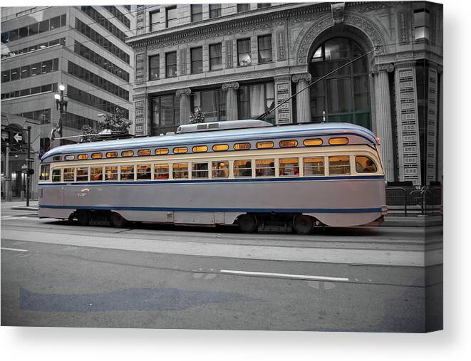 Dusk Canvas Print featuring the photograph Streetcar in SF at Dusk by Matthew Bamberg