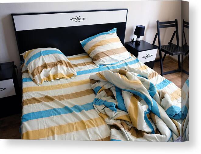Home Decor Canvas Print featuring the photograph Striped sheets, pillows and duvet by Tetiana Kolubai