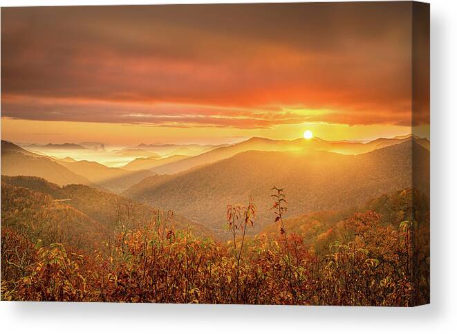 Maggie Valley Canvas Print featuring the photograph Sun Peeking Over The Mountains by Jordan Hill