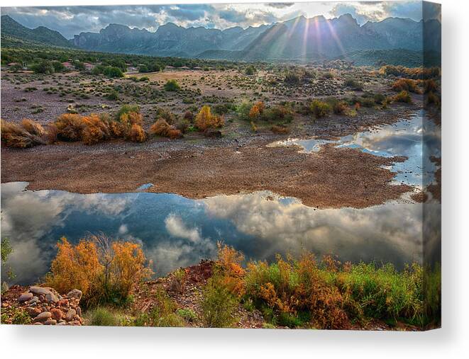 Sunrise Canvas Print featuring the photograph Sunrays over the Salt River Horizon by Dave Dilli