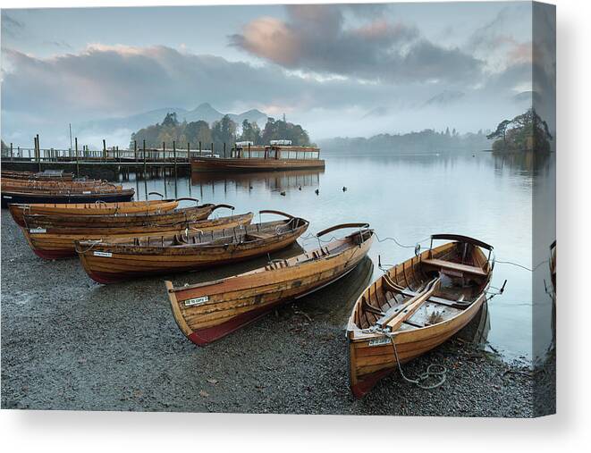 Cumbria Canvas Print featuring the photograph Sunrise at Derwent Water, The Lake District by Sarah Howard