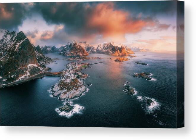 Lofoten Canvas Print featuring the photograph Sunrise at Reine #3 by Henry w Liu
