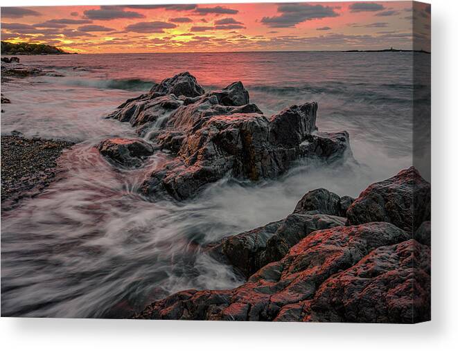 New Hampshire Canvas Print featuring the photograph Sunrise On The Rocks, Fort Foster. by Jeff Sinon