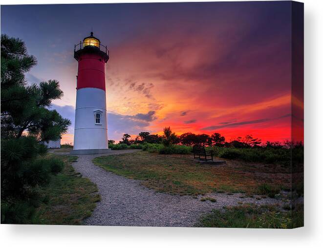 Nauset Lighthouse Canvas Print featuring the photograph Sunrise Over Nauset Lighthouse On Cape Cod National Seashore by Darius Aniunas