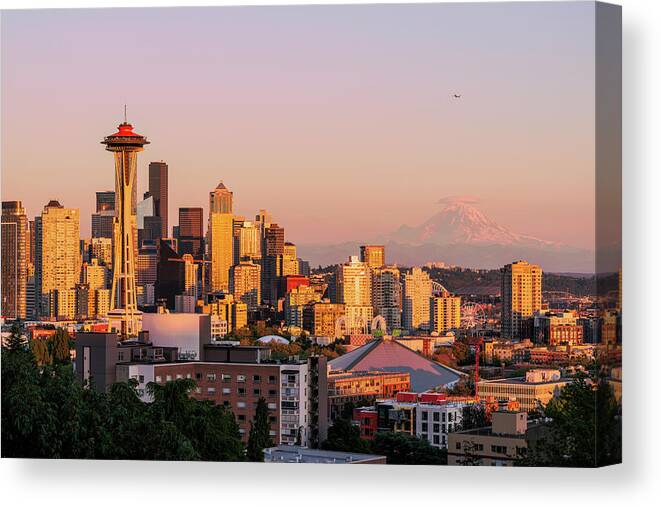 Outdoor; Sunset; Seattle; Downtown; Space Needle; Mt Rainier; Lenticular Cloud; Colors; Summer; Washington Beauty Canvas Print featuring the digital art Sunrise Seattle From Kerry Park by Michael Lee