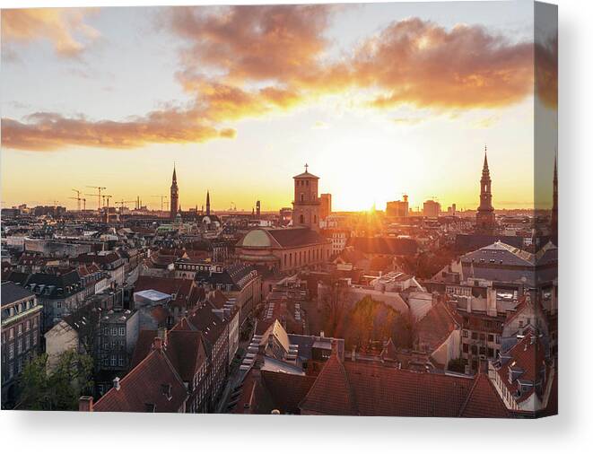City Canvas Print featuring the photograph Sunset above Copenhagen by Hannes Roeckel