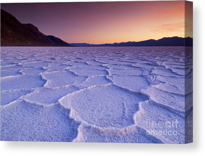 Death Valley National Park Canvas Print featuring the photograph Sunset at Badwater Basin salt pans, Death Valley, California, USA by Neale And Judith Clark