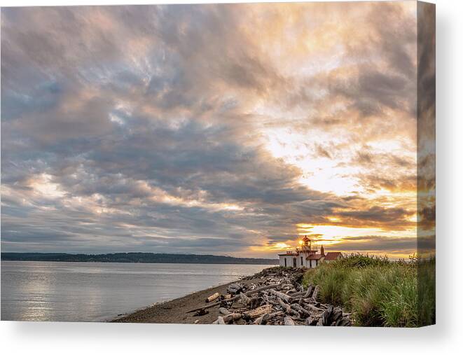 Outdoor; Sunset; Discovery Park; Clouds; Light House; Colors; Seattle; Washington Beauty; Pacific North West; Lighthouse Trip Canvas Print featuring the digital art Sunset at Discovery Park by Michael Lee