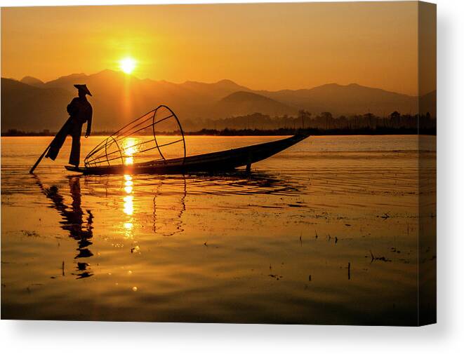 Inlelake Canvas Print featuring the photograph Sunset at Inle Lake by Arj Munoz