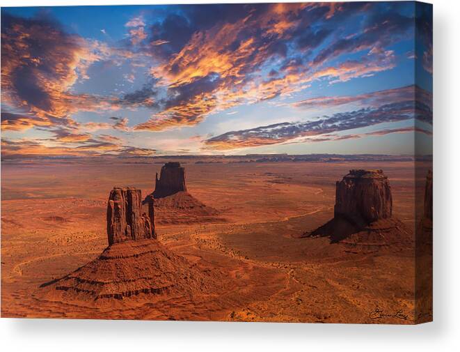 Fstop101 Rock Formations Red Orange Monument Valley Utah Landscape Sunset Sky Canvas Print featuring the photograph Sunset at Monument Valley by Gene Lee
