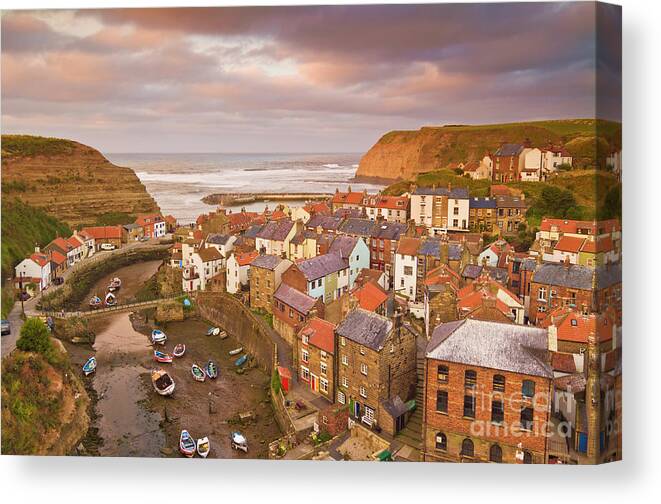 Staithes Yorkshire Canvas Print featuring the photograph Sunset at Staithes, Yorkshire, England by Neale And Judith Clark