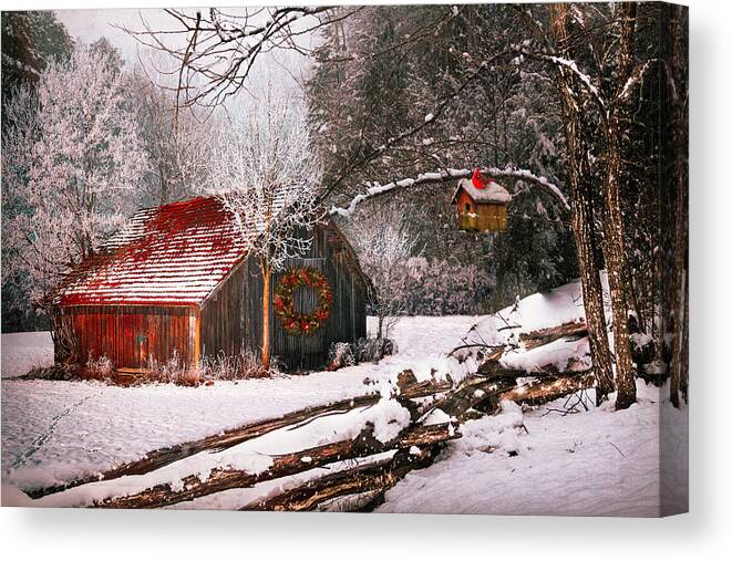 Barn Canvas Print featuring the photograph Sunset Barn in the Snow by Debra and Dave Vanderlaan