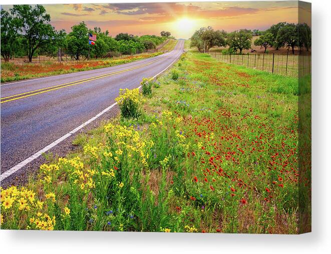 Texas Hill Country Canvas Print featuring the photograph Sunset Down a Country Road by Lynn Bauer
