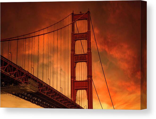 Golden Gate Bridge Canvas Print featuring the photograph Sunset Drama at the Golden Gate Bridge by Bonnie Follett