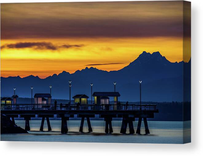 Edmonds Fishing Pier; Sunset Afterglow; Golden Sky; Olympic Mountains; Puget Sound; Blue Hour; Fall; Autumn; Seascape; Dock Canvas Print featuring the photograph Sunset Glory by Emerita Wheeling