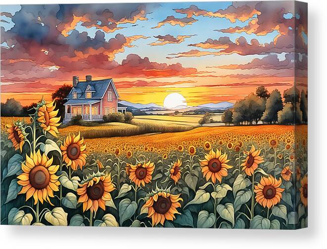 House Canvas Print featuring the digital art Sunset In The Countryside by Manjik Pictures