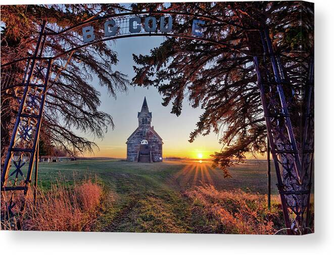 Church Canvas Print featuring the photograph Sunset on the Big Coulee Church - Abandoned Rural ND Lutheran church by Peter Herman