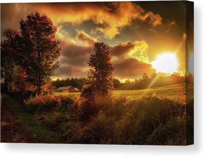 Sunset Canvas Print featuring the photograph Sunset over farmland in NH by Lilia S