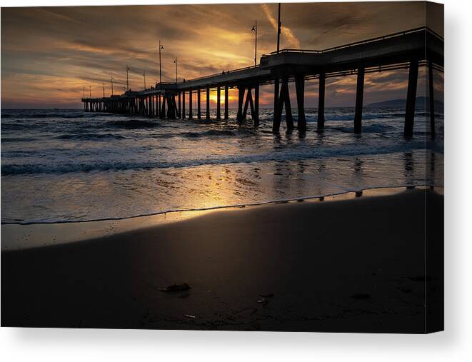 Sunset Santa Monica Pier Ca Canvas Print featuring the photograph Sunset Santa Monica Pier CA by Dean Ginther