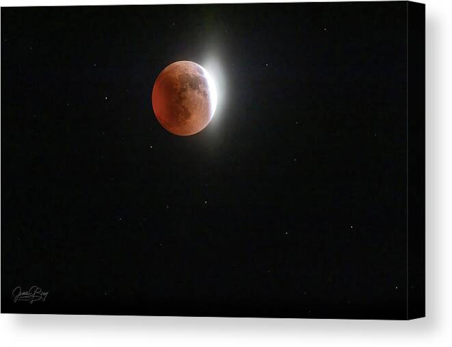 Super Flower Blood Moon Canvas Print featuring the photograph Super Flower Blood Moon lunar eclipse of 2022 with magical glow by James Brey