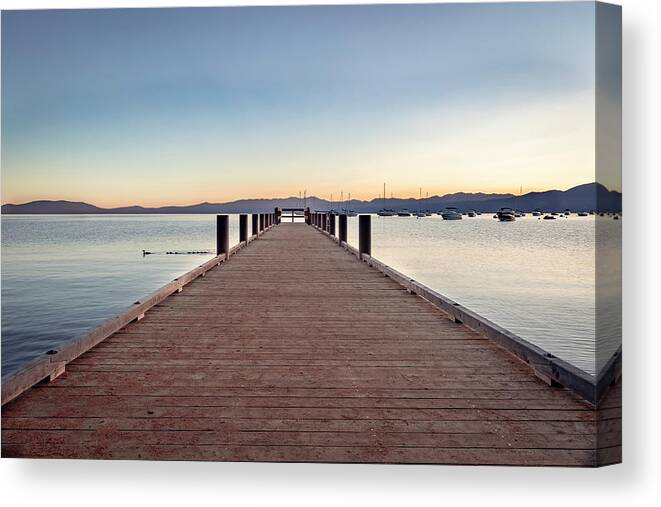 Lake Tahoe Canvas Print featuring the photograph Lake Tahoe Sunrise at Dock by Gary Geddes