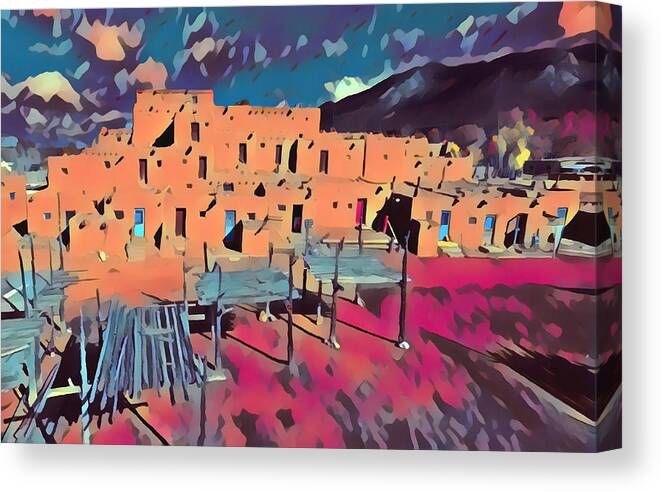 Native American Canvas Print featuring the digital art Taos Pueblo Sunset #1 by Aerial Santa Fe