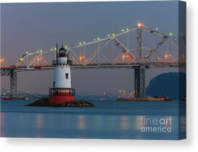 Clarence Holmes Canvas Print featuring the photograph Tarrytown Lighthouse and Tappan Zee Bridge at Twilight by Clarence Holmes