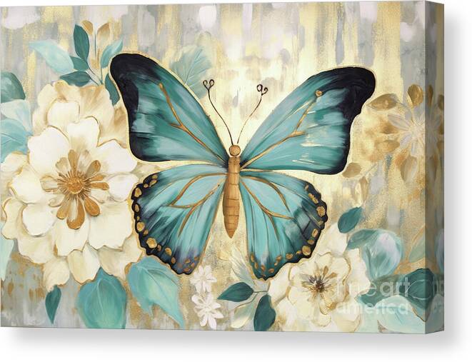 Butterfly Canvas Print featuring the painting Teal Botanical Butterfly by Tina LeCour