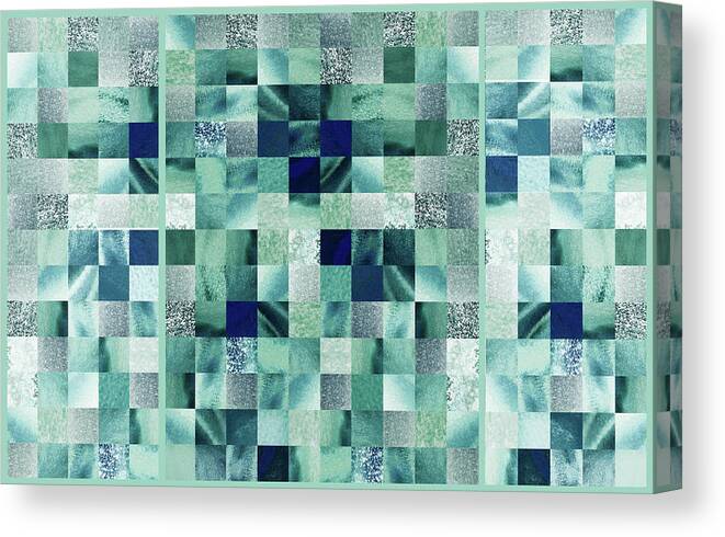 Quilt Canvas Print featuring the painting Teal Gray Green Gray Watercolor Squares Art Mosaic Quilt by Irina Sztukowski