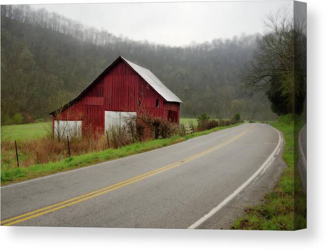 Tennessee Canvas Print featuring the photograph Tennessee Road Trip - foggy morning with roadside barn by Peter Herman