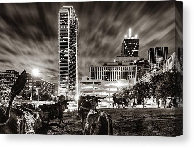 Dallas Skyline Canvas Print featuring the photograph Texas Longhorn Cattle Drive To the Dallas Skyline in Sepia by Gregory Ballos