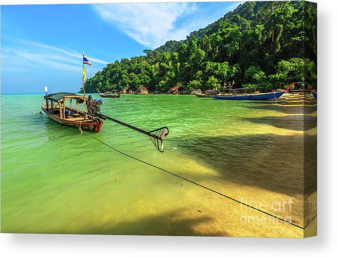 Surin Islands Canvas Print featuring the photograph Thai Traditional long tail diesel boat by Benny Marty