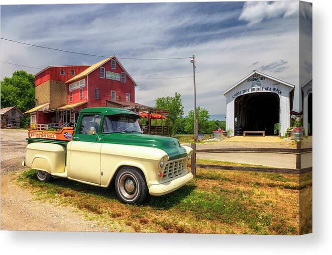 Parke County Canvas Print featuring the photograph The Bridgeton Mill Truck - Parke County, Indiana by Susan Rissi Tregoning