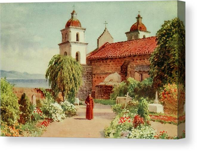 Santa Barbara Canvas Print featuring the painting The Cemetery, Santa Barbara Mission, California 1914 by Sutton Palmer