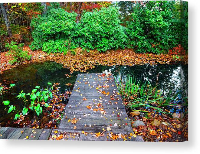 Blairsville Canvas Print featuring the photograph The Dock at the Koi Pond by Debra and Dave Vanderlaan