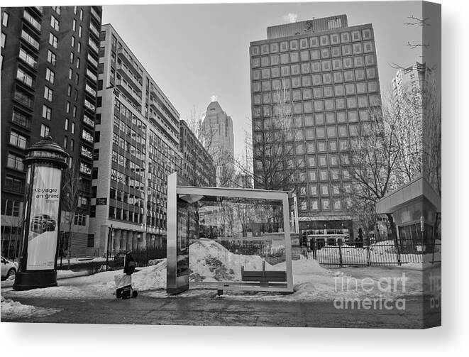 Black And White Photography Canvas Print featuring the photograph The Emptly Bust Stop by Reb Frost