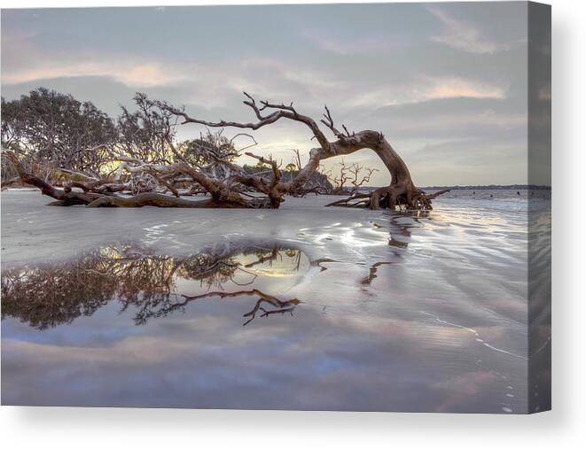Clouds Canvas Print featuring the photograph The Giant has Fallen Jekyll Island Sunrise Beachhouse Hues by Debra and Dave Vanderlaan