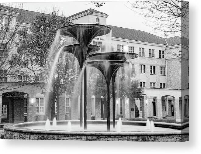 Tcu Canvas Print featuring the photograph The Horned Frog Fountain At TCU - Black and White by Gregory Ballos