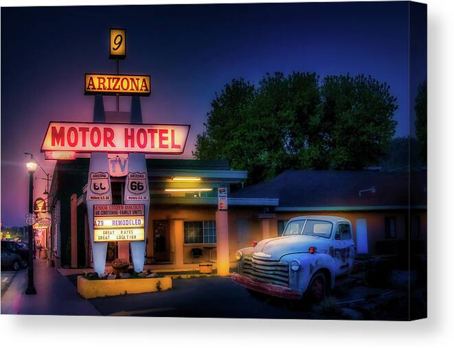 Route 66 Canvas Print featuring the photograph The Motor Hotel, Williams AZ by Micah Offman