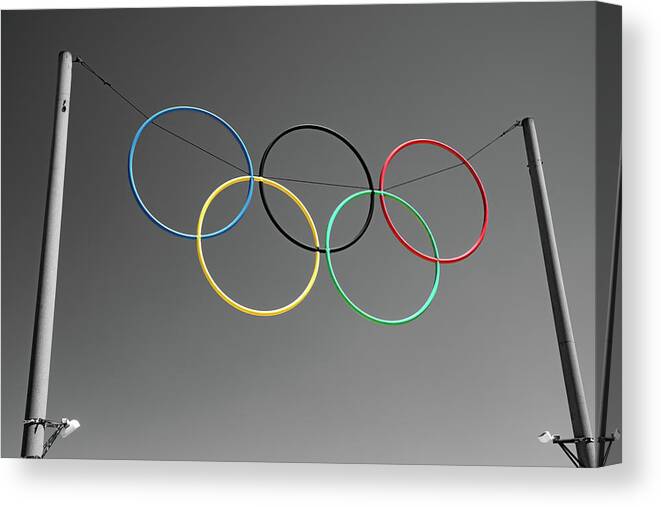 Olympic Museum Canvas Print featuring the photograph The Olympic Museum Rings at High Camp - Palisades Tahoe Selective Color by Gregory Ballos
