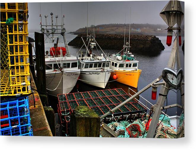 Digby Neck Islands Fishing Pots Traps Lobsters Colour Sea Ocean Waves Shacks Shops Ropes Buoys Sea Life Seafarers Last Leg Wharf Loaded Rocks Rock Reflection Bouys Canvas Print featuring the photograph Three sizes by David Matthews