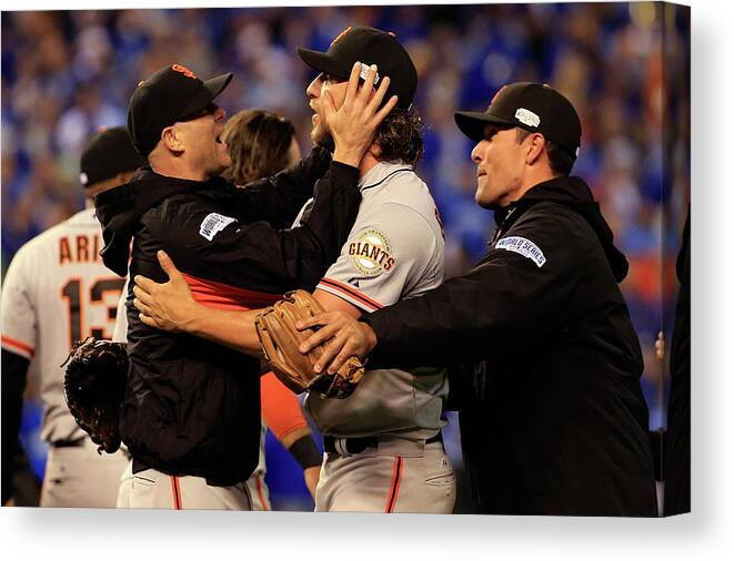 People Canvas Print featuring the photograph Tim Hudson and Madison Bumgarner by Jamie Squire