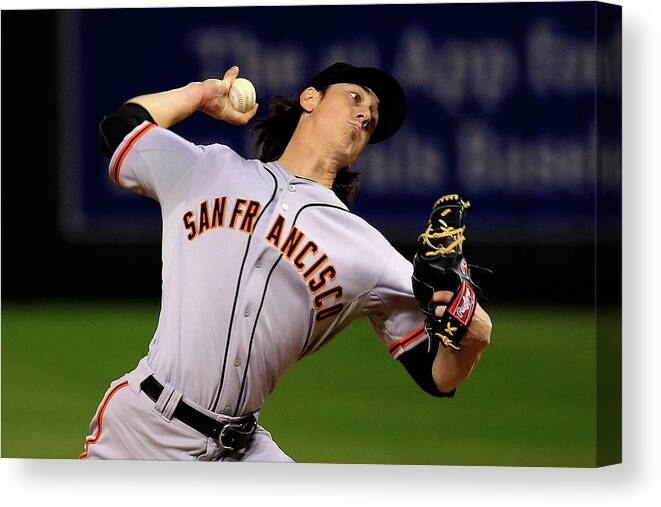 Game Two Canvas Print featuring the photograph Tim Lincecum by Jamie Squire